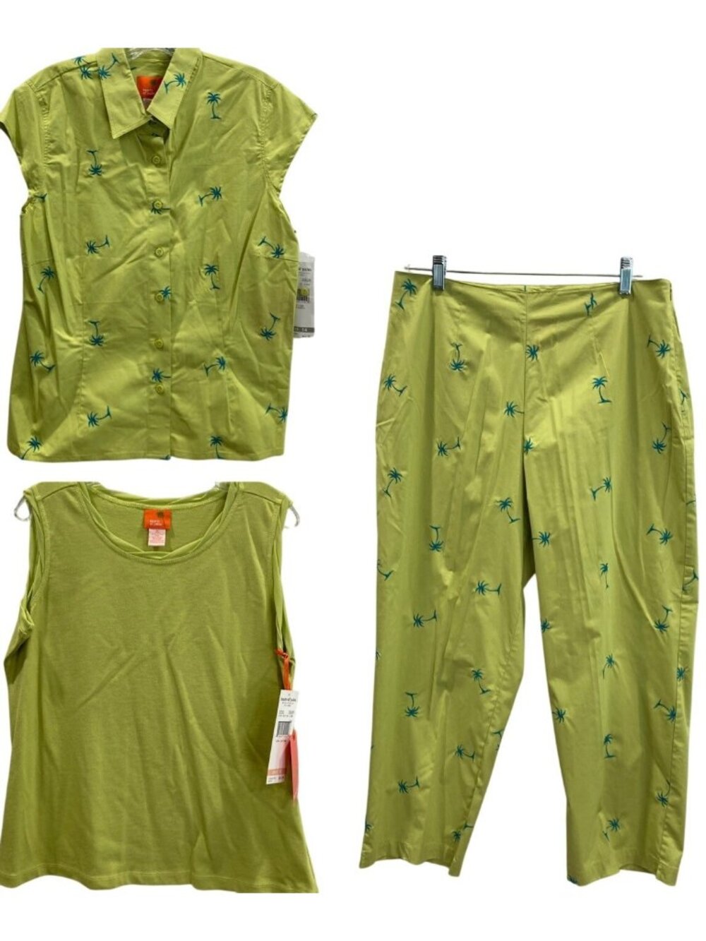 Vintage Y2K Embroidered Outfit Set M/L Green Blue Cotton Holidays Vacation Boho